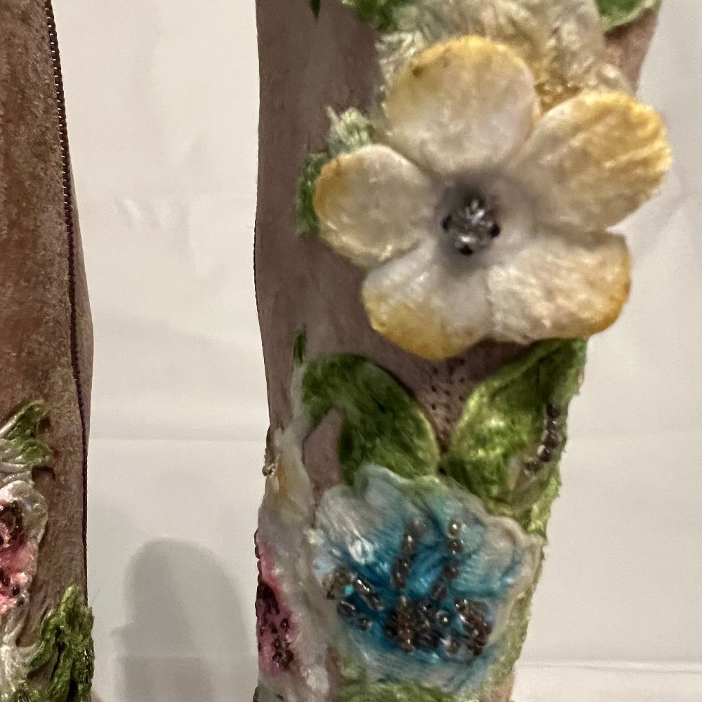 NewPort News Easy Style Tan Suede Upcycled Embroidered Knee Boots - Picture 5 of 13